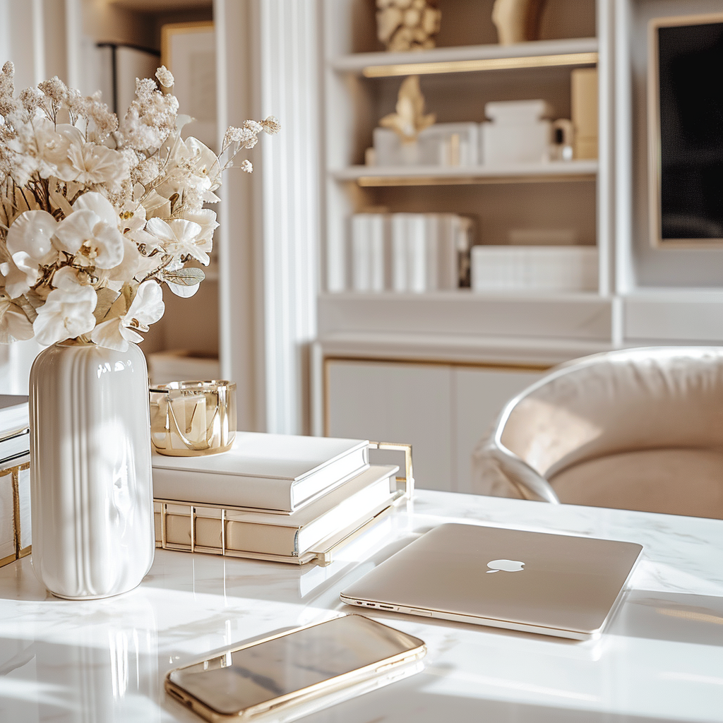Digital Marketing, beige luxury desk vignette with laptop, iphone, books and floral arrangement.