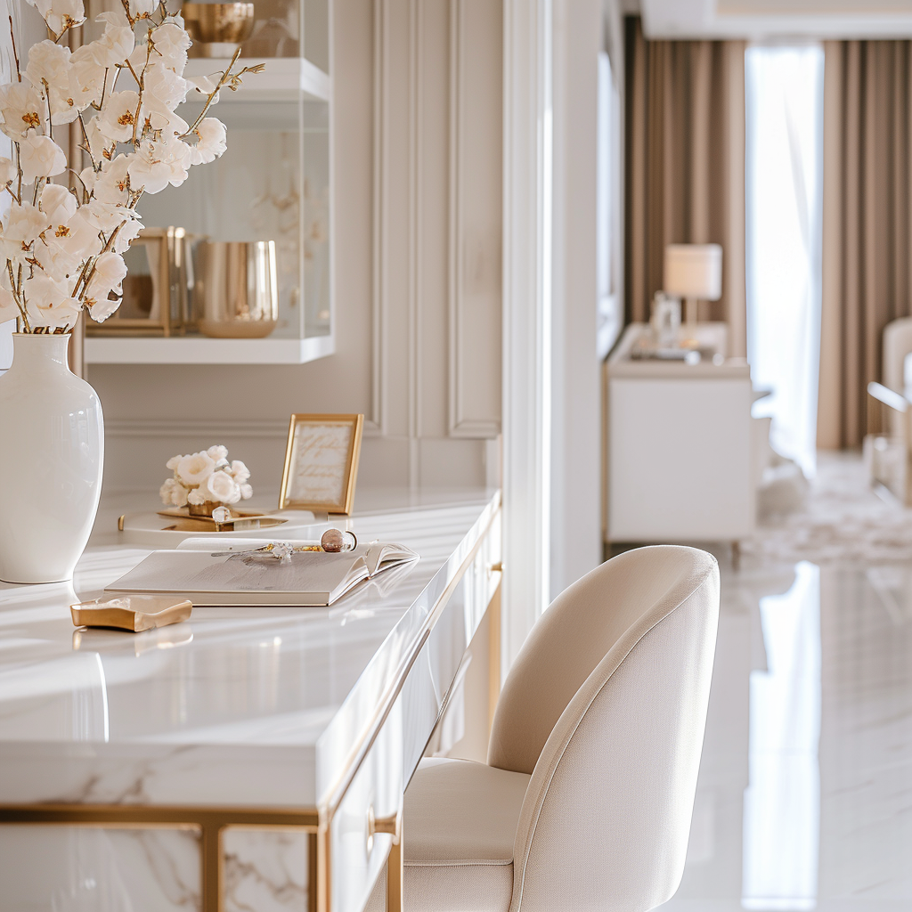 White and gold desk with computer for digital marketing image