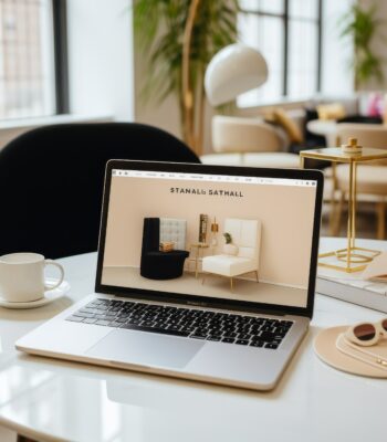 laptop with marketing branding and materials for fashion business on screen. Laptop is inside a beautiful bright modern office with colors of white, cream and black